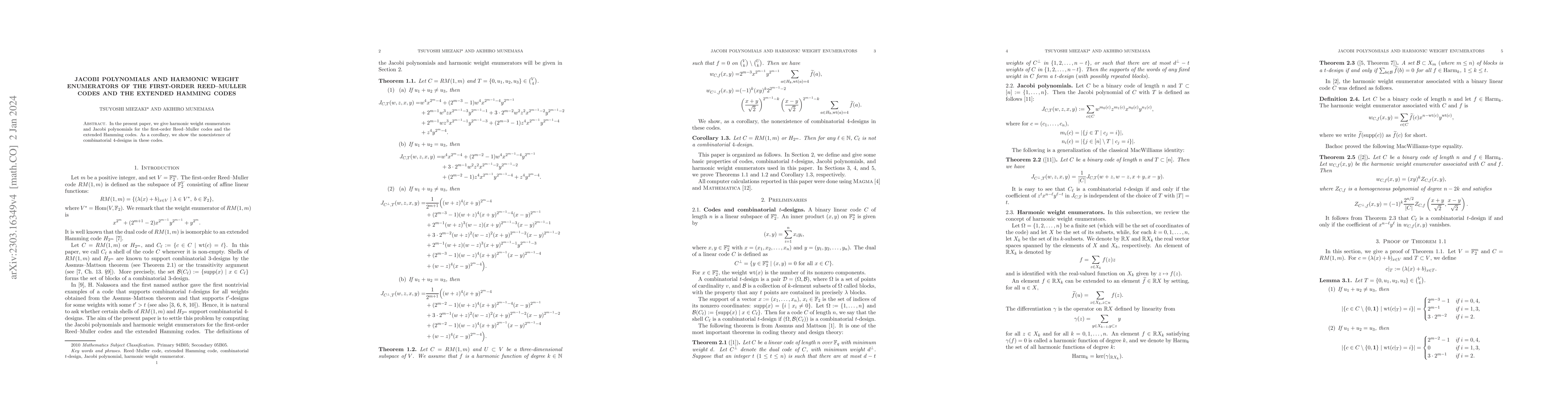 Thumbnail for Jacobi polynomials and harmonic weight enumerators of the first-order
  Reed--Muller codes and the extended Hamming codes