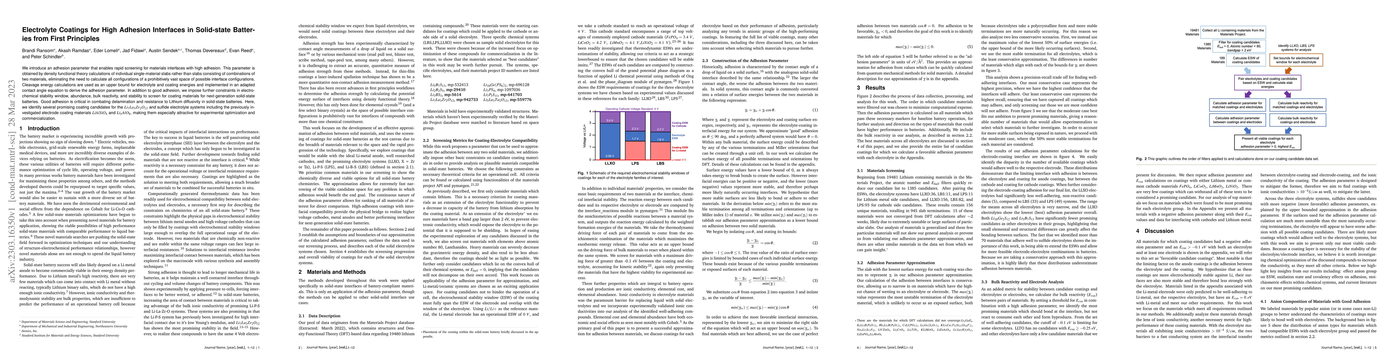 Thumbnail for Electrolyte Coatings for High Adhesion Interfaces in Solid-state
  Batteries from First Principles