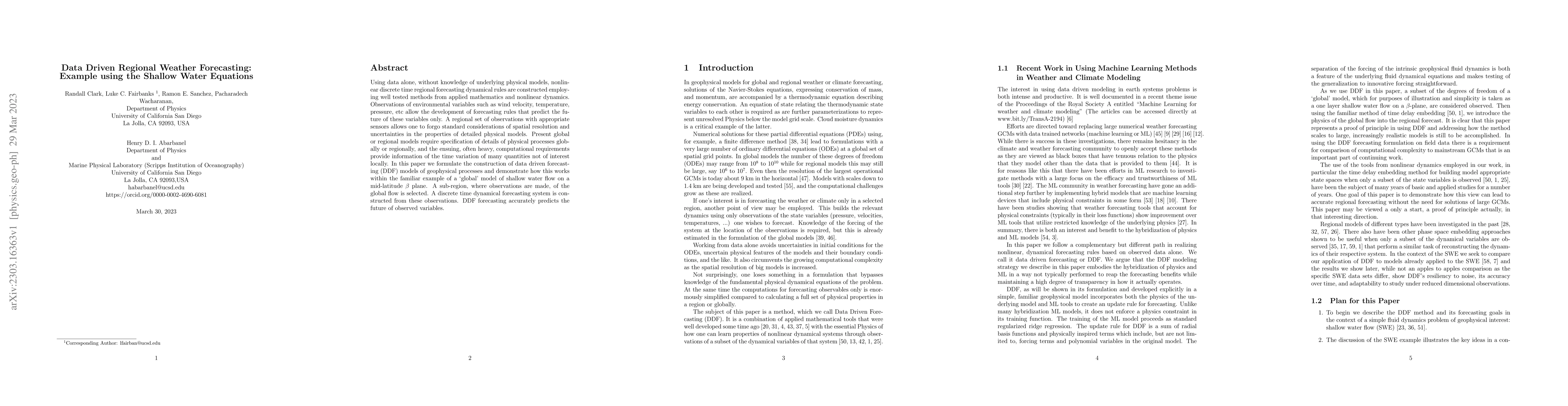 Thumbnail for Data Driven Regional Weather Forecasting: Example using the Shallow
  Water Equations