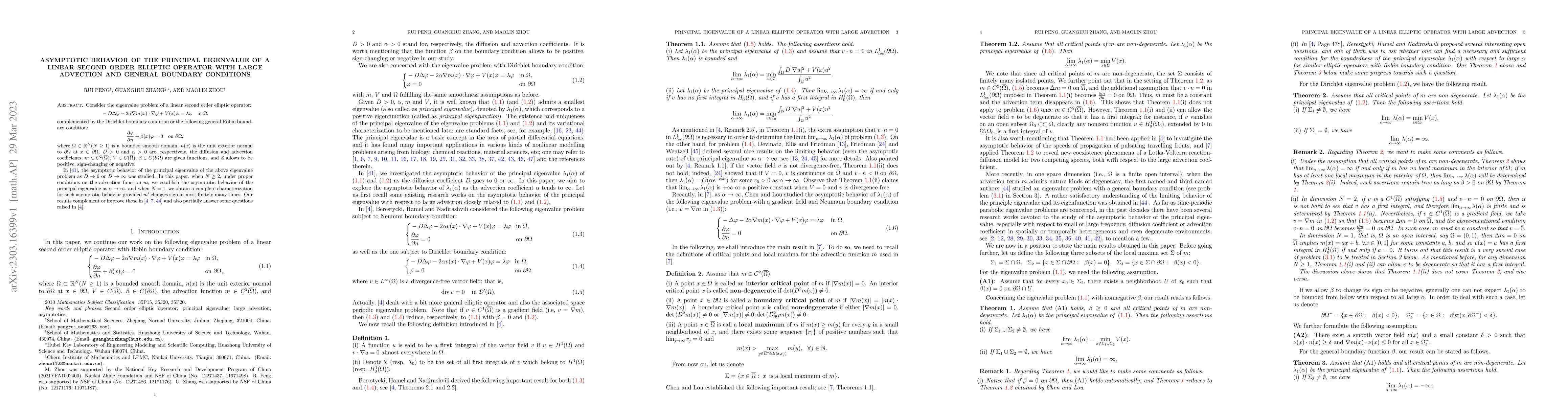 Thumbnail for Asymptotic behavior of the principal eigenvalue of a linear second order
  elliptic operator with large advection and general boundary conditions