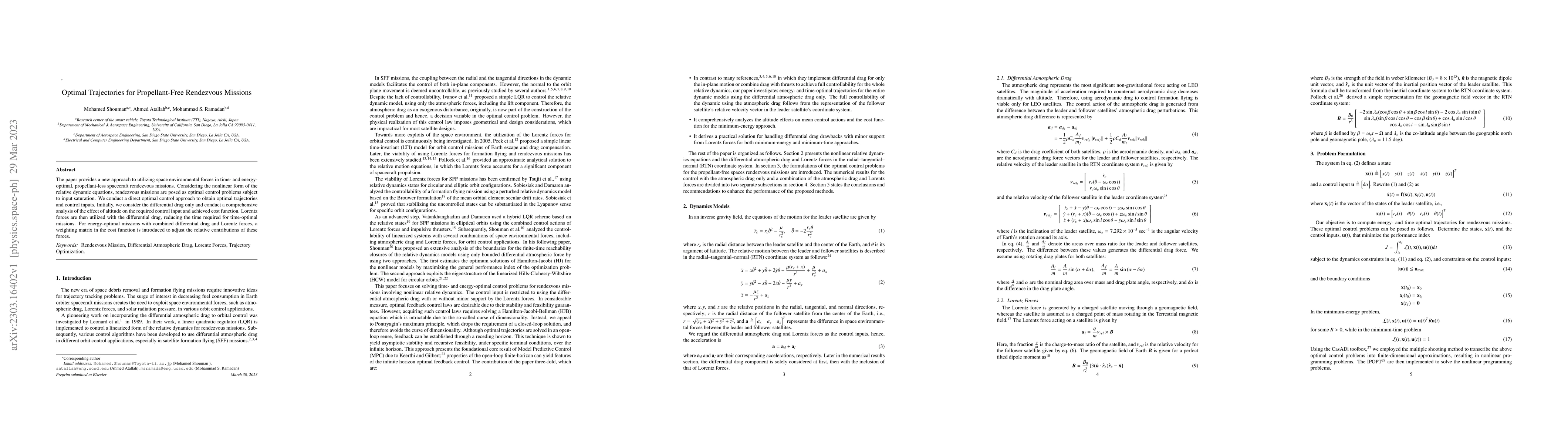 Thumbnail for Optimal Trajectories for Propellant-Free Rendezvous Missions
