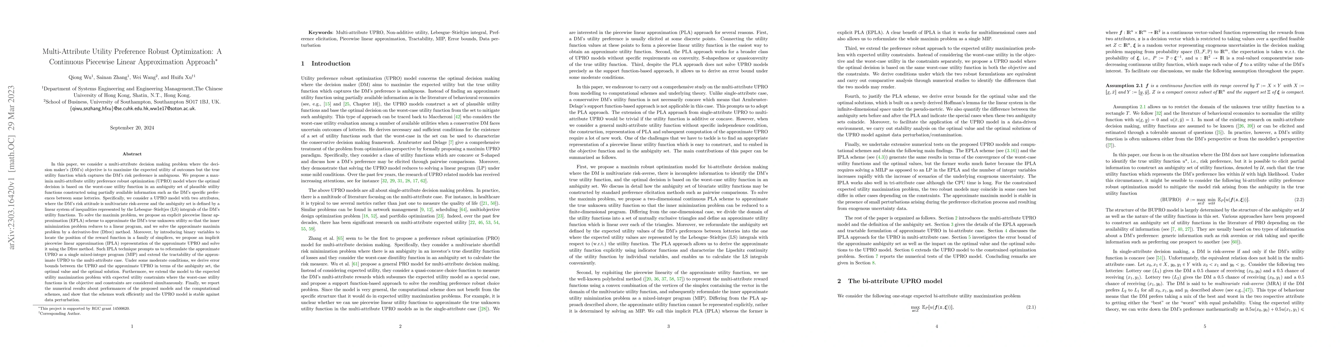 Thumbnail for Multi-Attribute Utility Preference Robust Optimization: A Continuous
  Piecewise Linear Approximation Approach