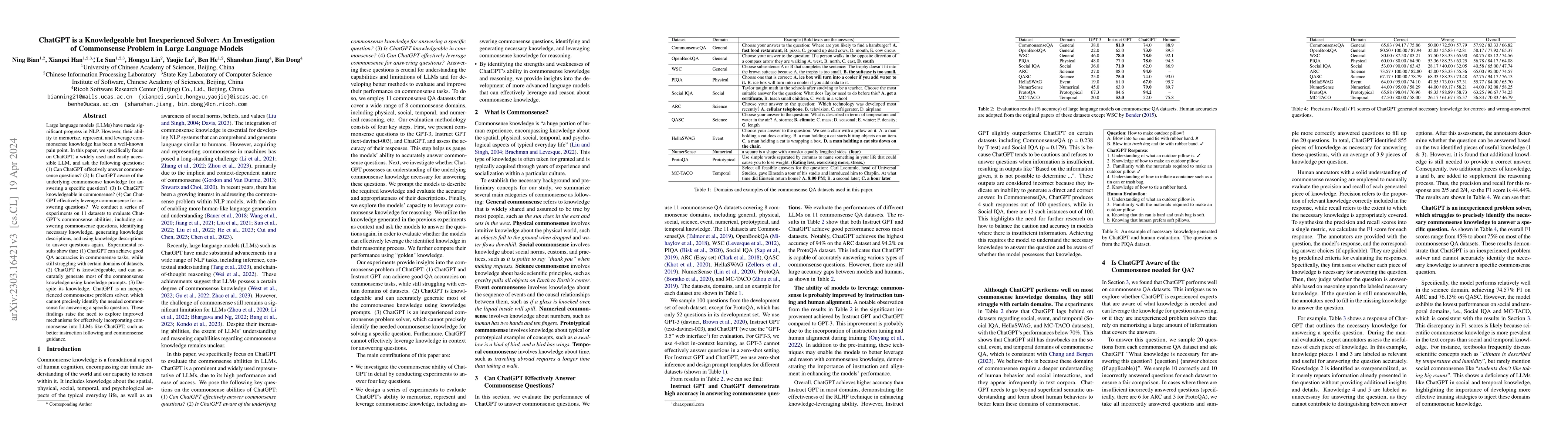 Thumbnail for ChatGPT is a Knowledgeable but Inexperienced Solver: An Investigation of
  Commonsense Problem in Large Language Models