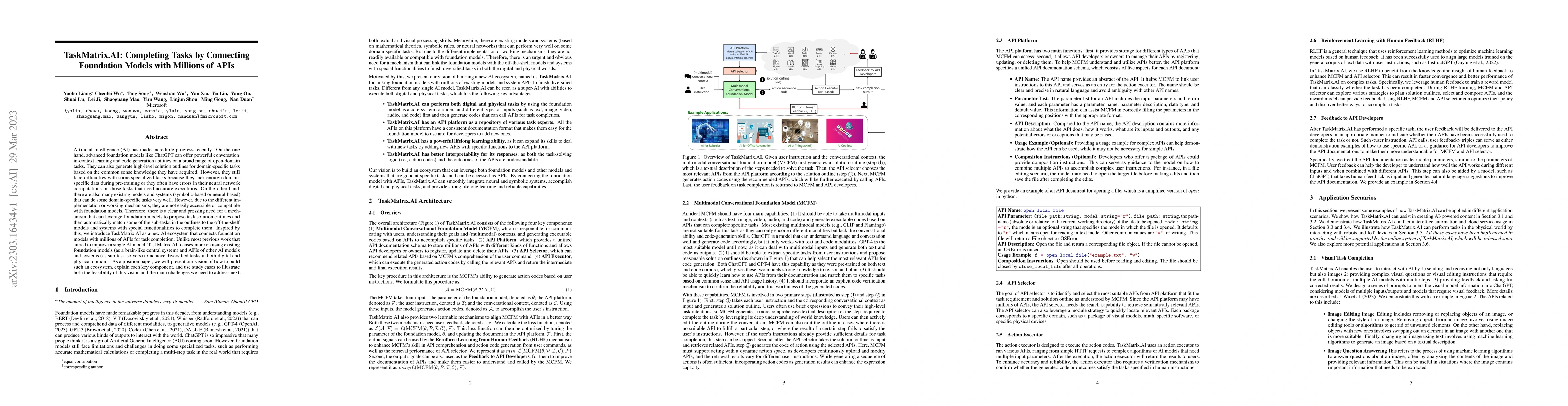 Thumbnail for TaskMatrix.AI: Completing Tasks by Connecting Foundation Models with
  Millions of APIs