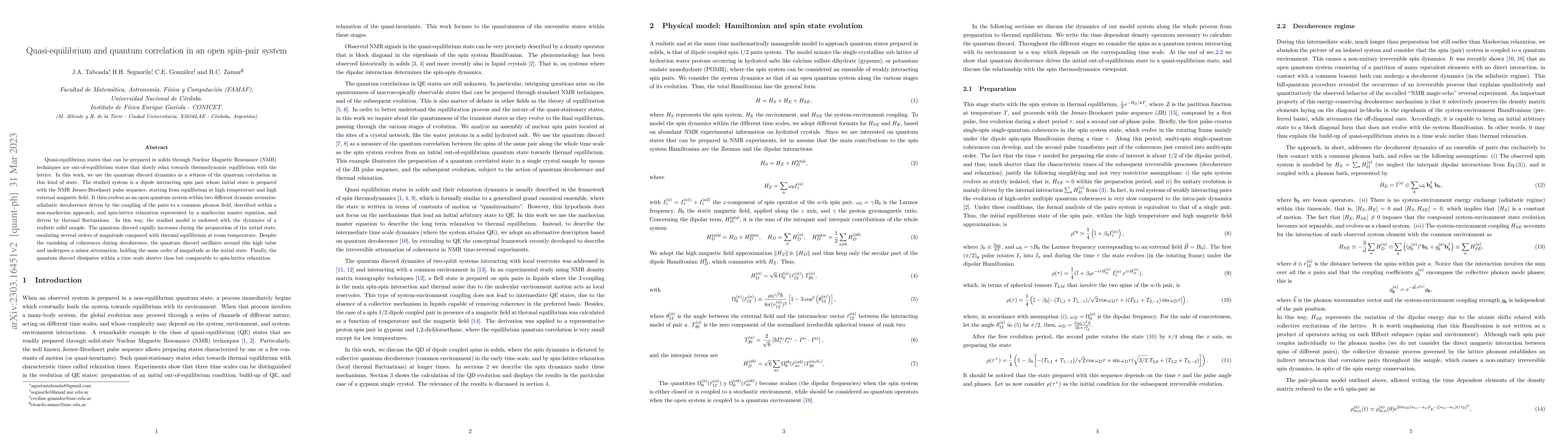 Thumbnail for Quasi-equilibrium and quantum correlation in an open spin-pair system