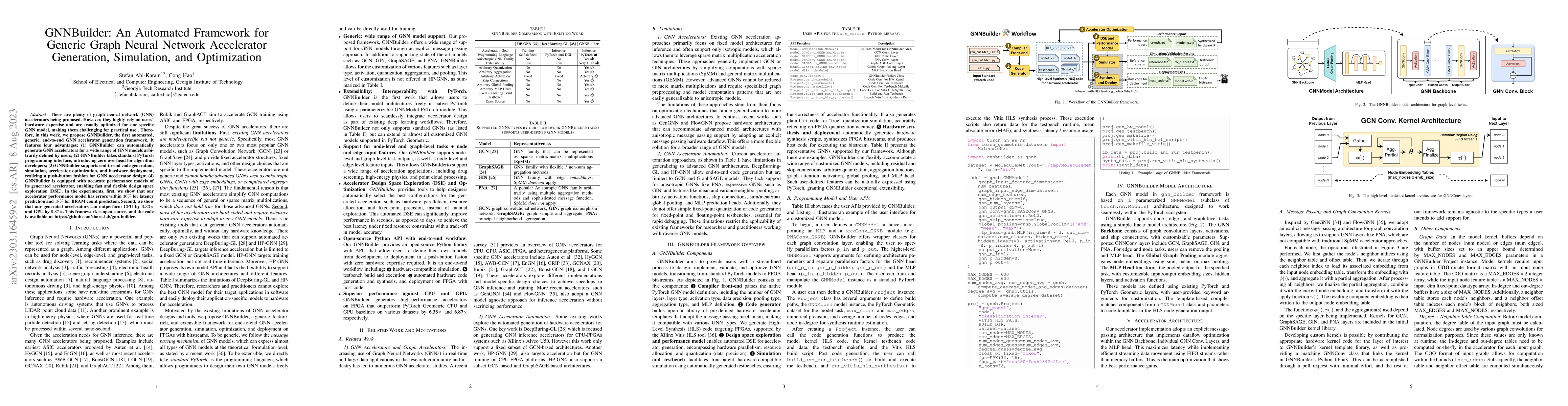 Thumbnail for GNNBuilder: An Automated Framework for Generic Graph Neural Network
  Accelerator Generation, Simulation, and Optimization