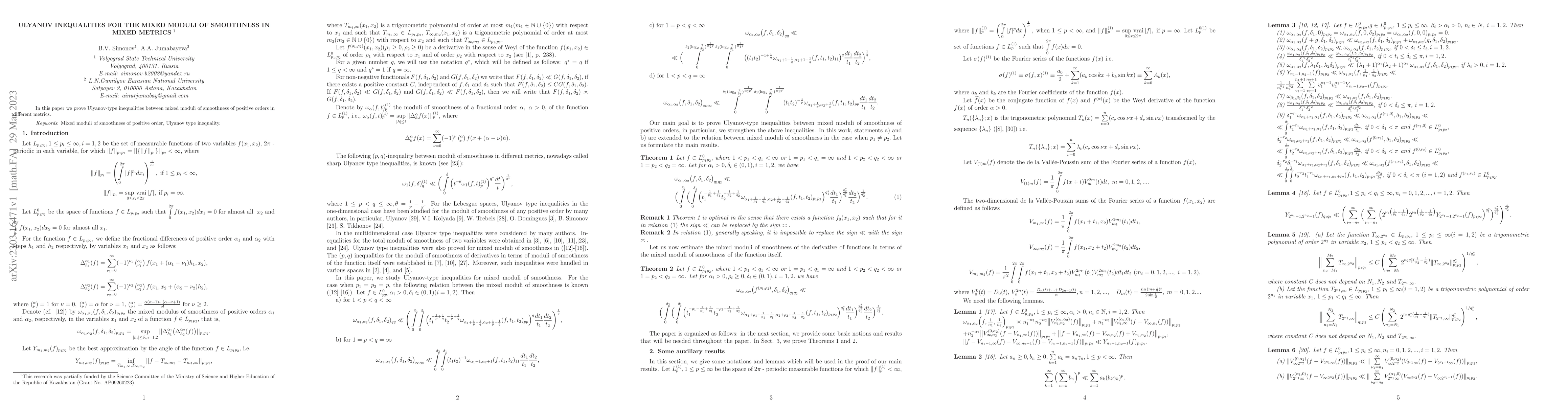 Thumbnail for Ulyanov inequalities for the mixed moduli of smoothness in mixed metrics