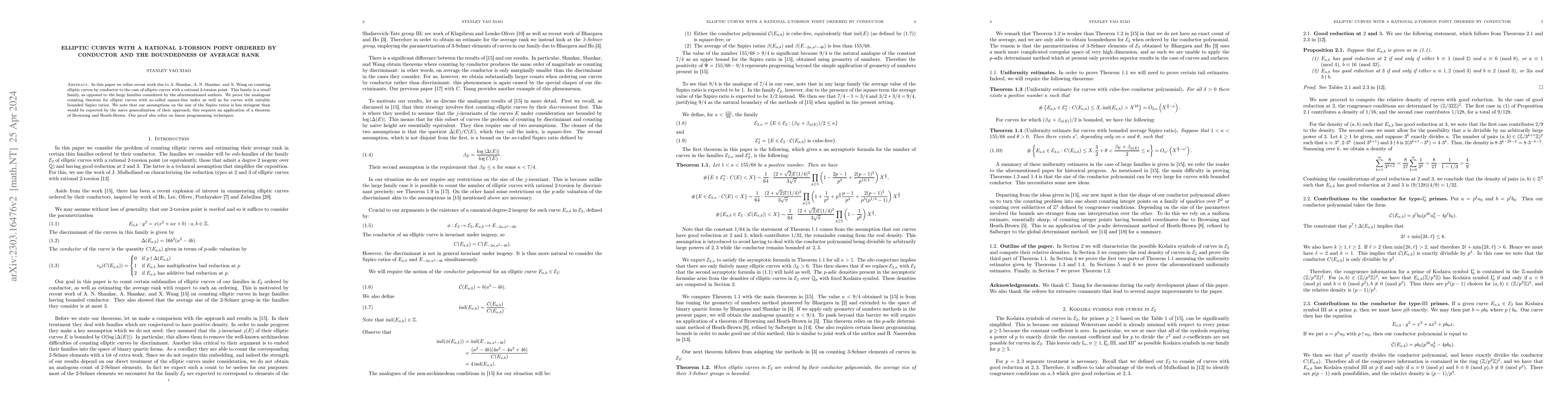 Thumbnail for Elliptic curves with a rational 2-torsion point ordered by conductor and
  the boundedness of average rank