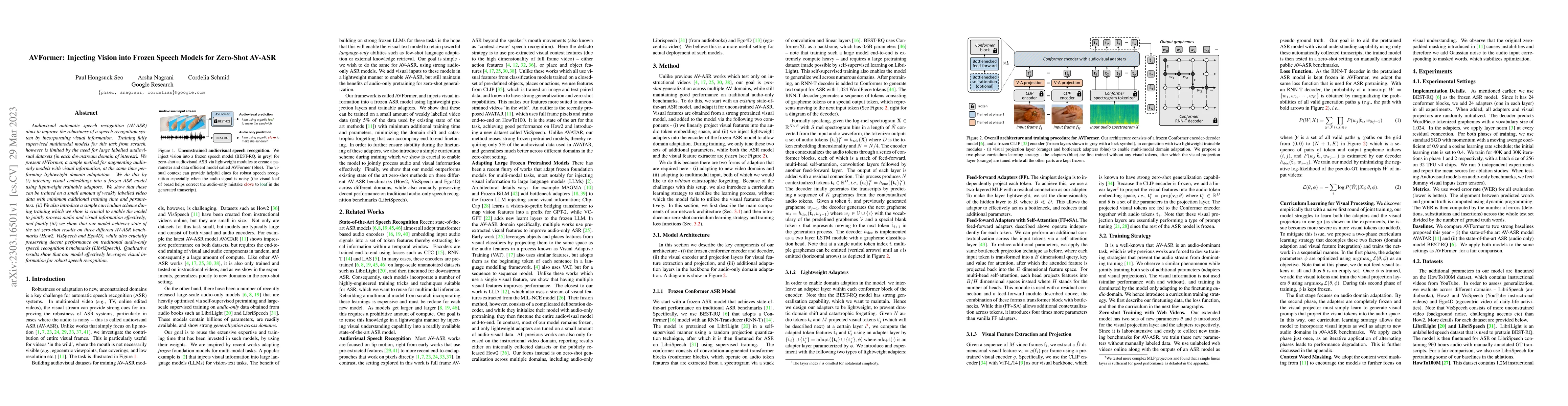 Thumbnail for AVFormer: Injecting Vision into Frozen Speech Models for Zero-Shot
  AV-ASR