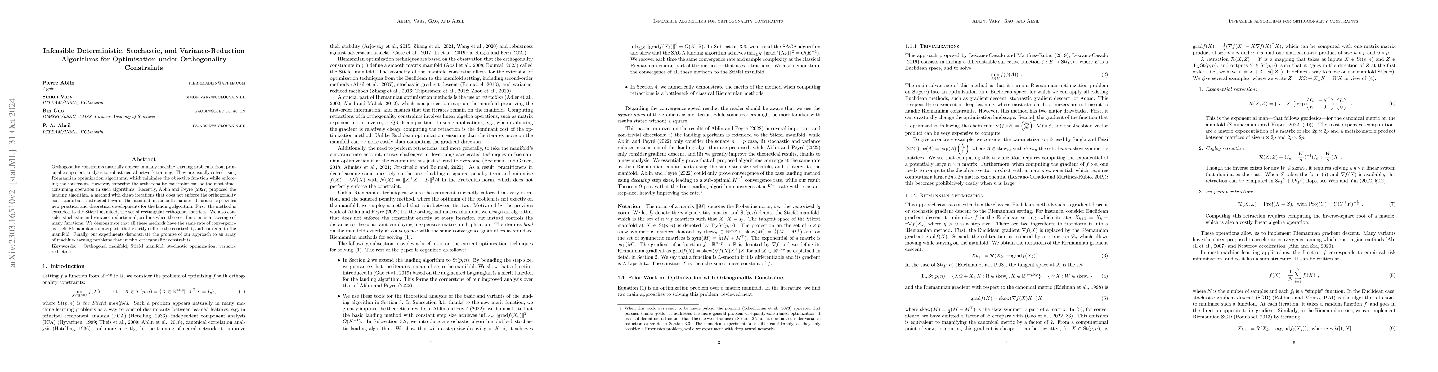 Thumbnail for Infeasible Deterministic, Stochastic, and Variance-Reduction Algorithms
  for Optimization under Orthogonality Constraints