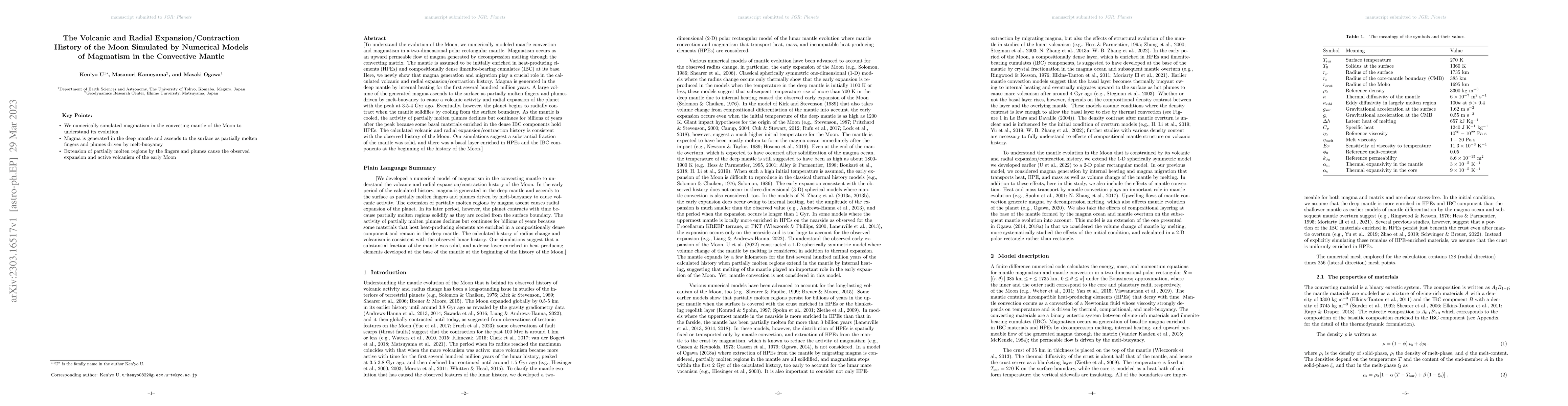 Thumbnail for The volcanic and radial expansion/contraction history of the Moon
  simulated by numerical models of magmatism in the convective mantle