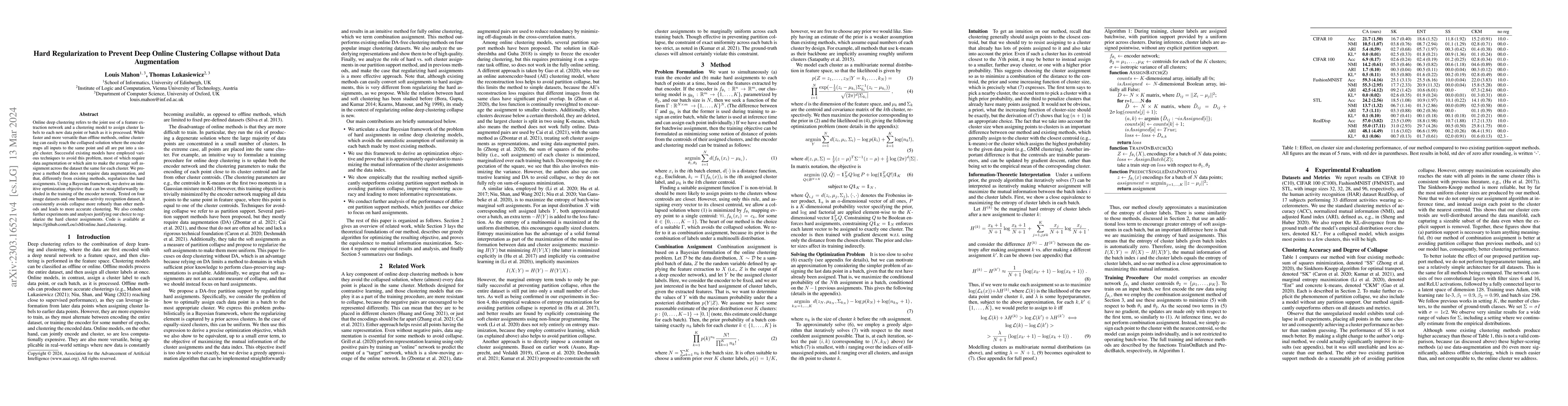 Thumbnail for Hard Regularization to Prevent Deep Online Clustering Collapse without
  Data Augmentation