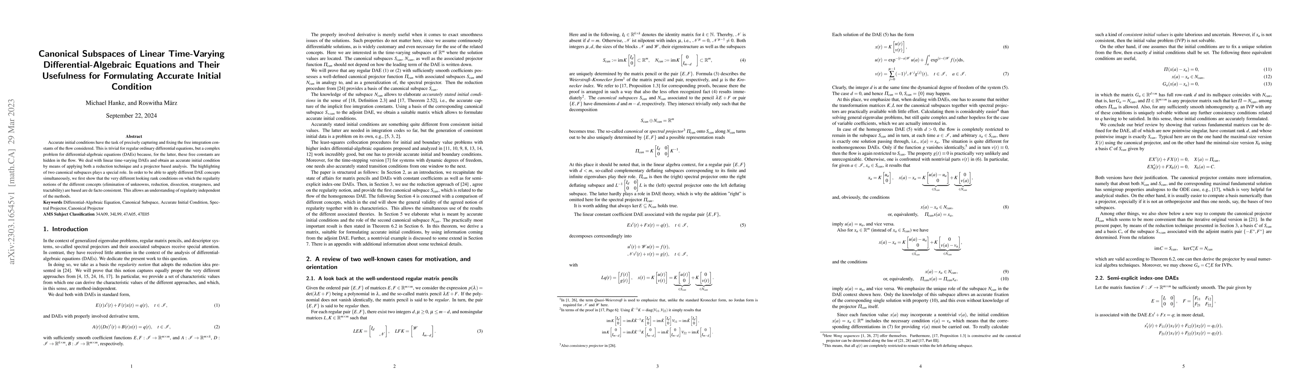 Thumbnail for Canonical Subspaces of Linear Time-Varying Differential-Algebraic
  Equations and Their Usefulness for Formulating Accurate Initial Conditions