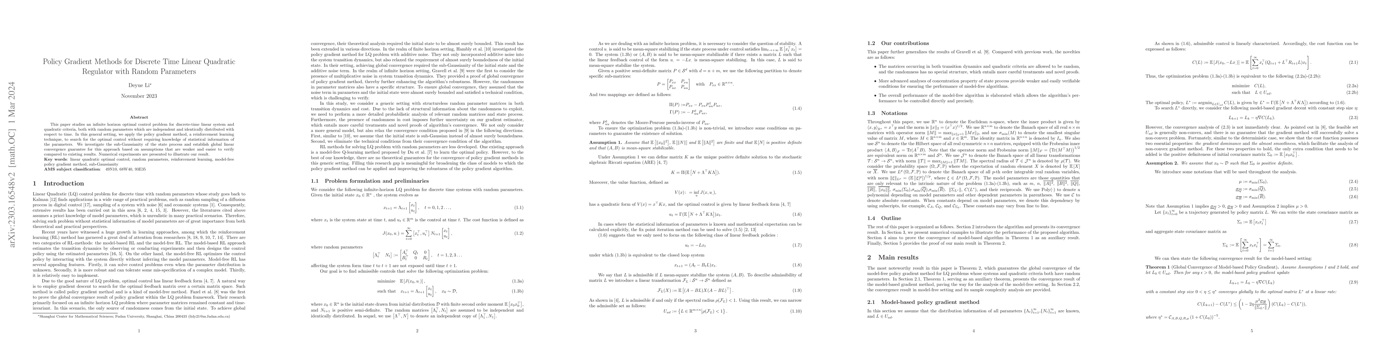 Thumbnail for Policy Gradient Methods for Discrete Time Linear Quadratic Regulator
  With Random Parameters
