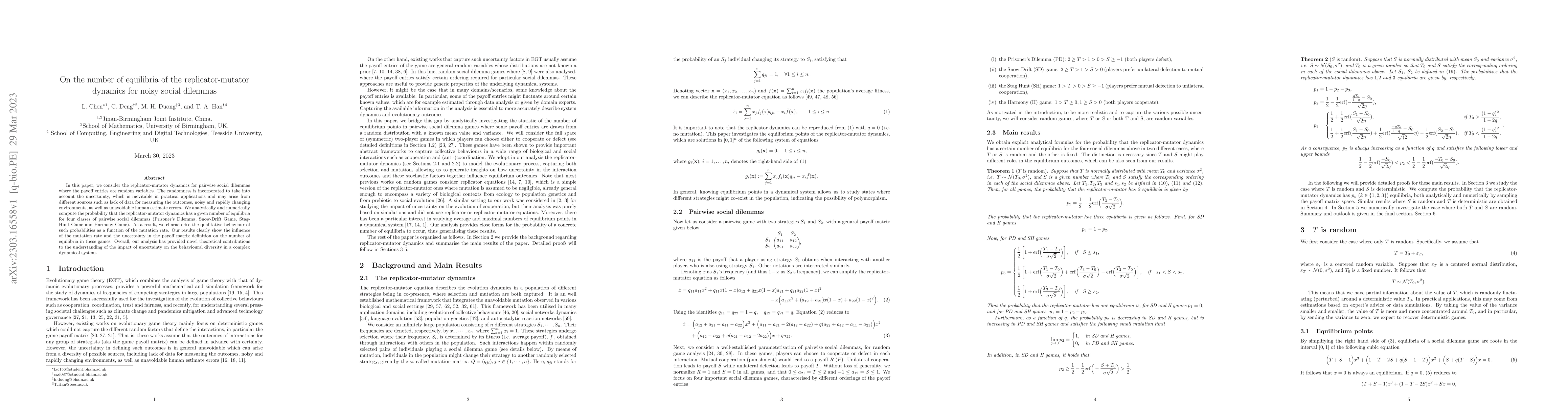 Thumbnail for On the number of equilibria of the replicator-mutator dynamics for noisy
  social dilemmas