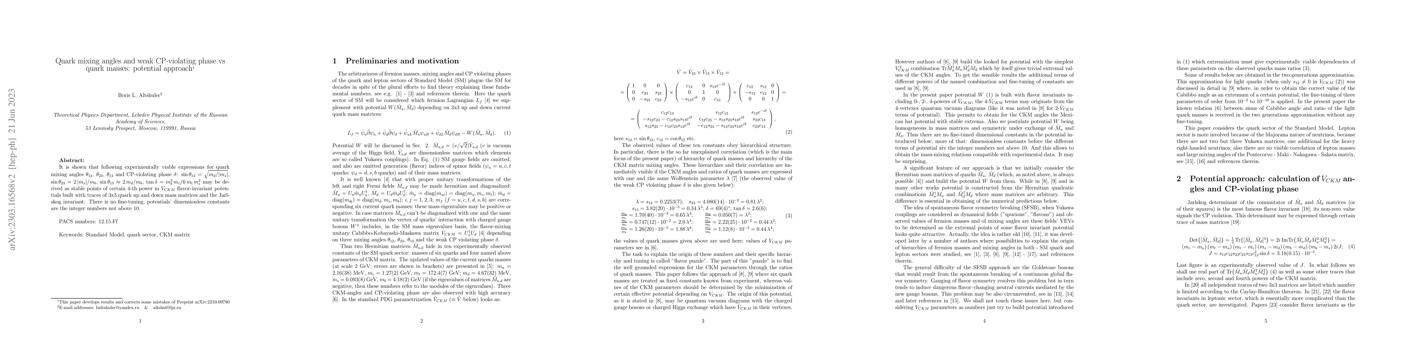 Thumbnail for Quark mixing angles and weak CP-violating phase vs quark masses:
  potential approach