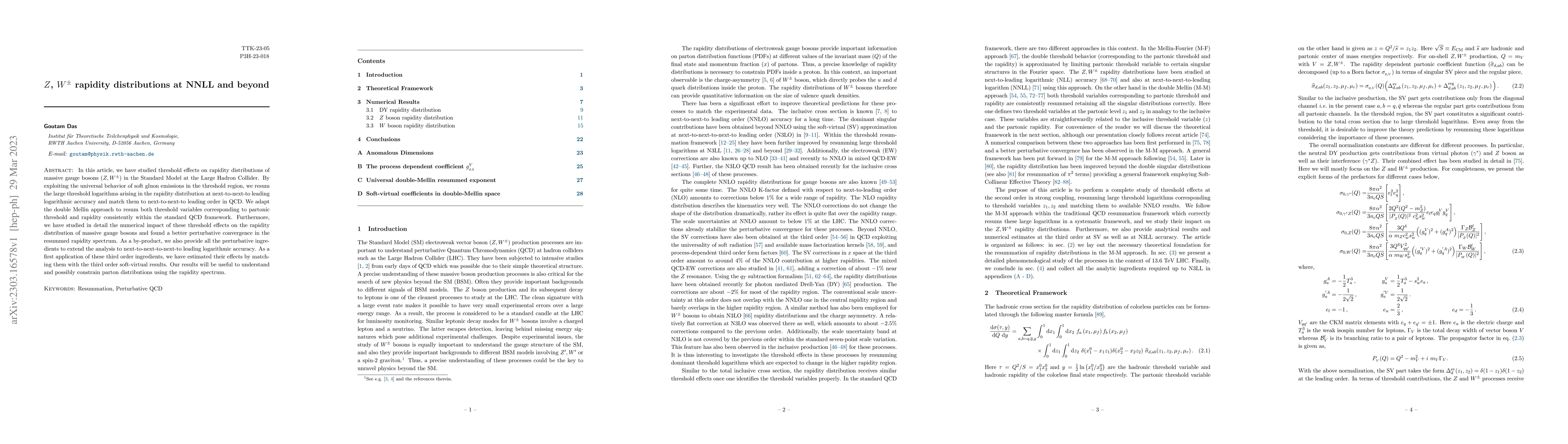 Thumbnail for $Z, W^{\pm}$ rapidity distributions at NNLL and beyond
