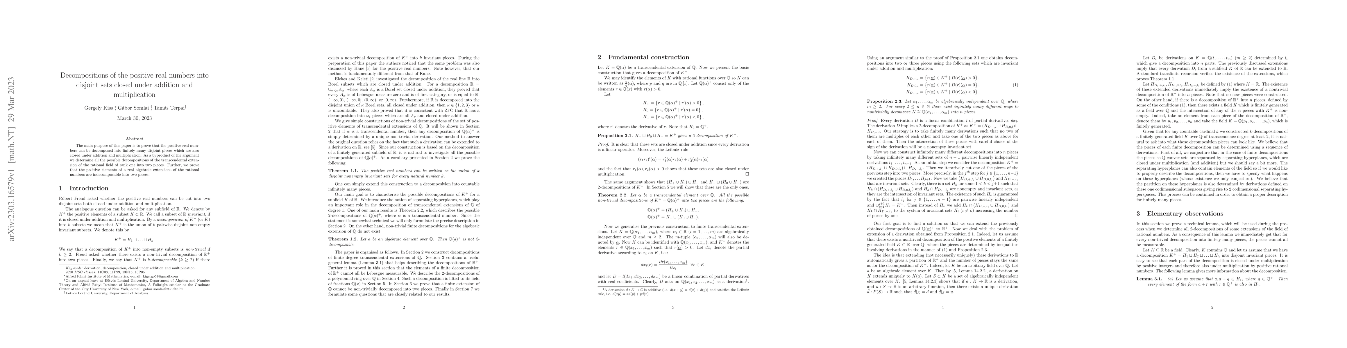 Thumbnail for Decompositions of the positive real numbers into disjoint sets closed
  under addition and multiplication