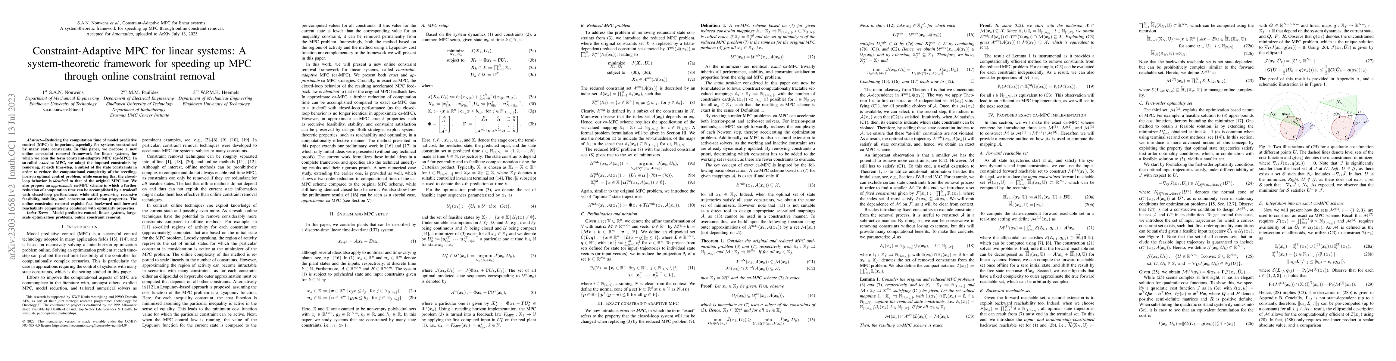 Thumbnail for Constraint-Adaptive MPC for linear systems: A system-theoretic framework
  for speeding up MPC through online constraint removal