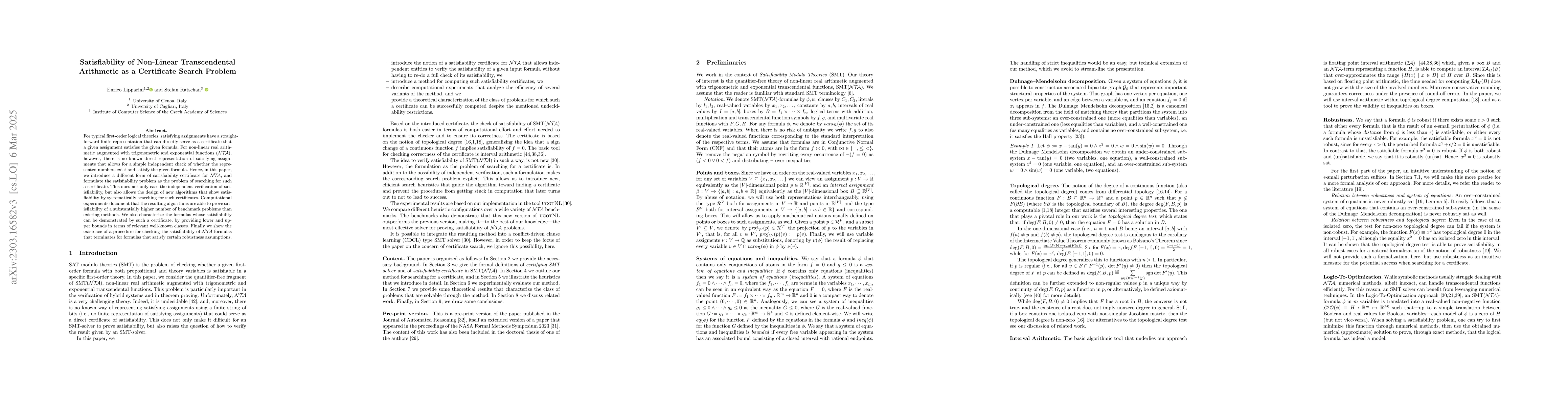 Thumbnail for Satisfiability of Non-Linear Transcendental Arithmetic as a Certificate
  Search Problem