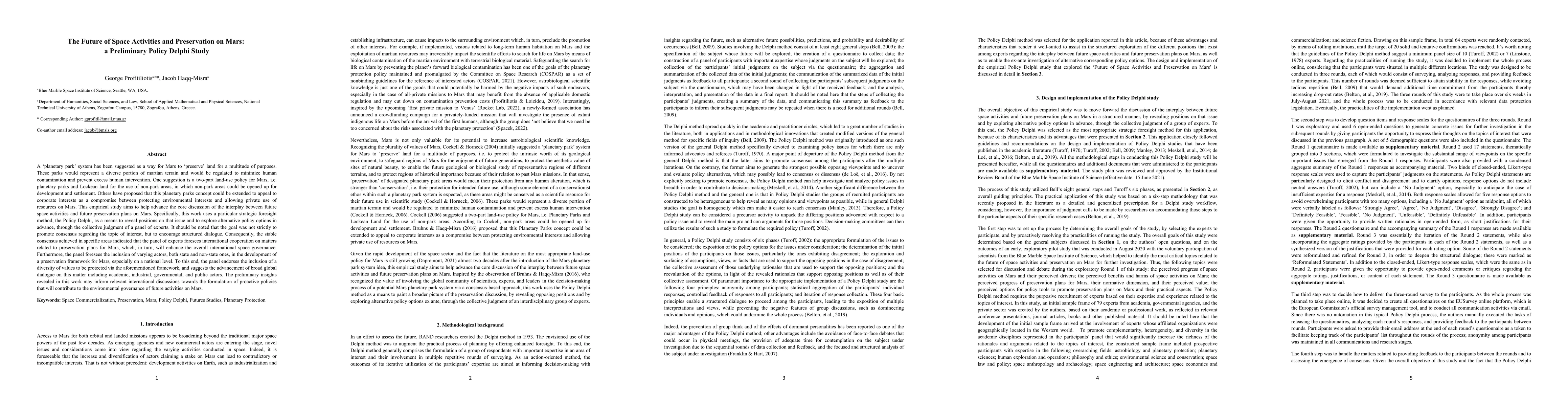Thumbnail for The Future of Space Activities and Preservation on Mars: A Preliminary
  Policy Delphi Study
