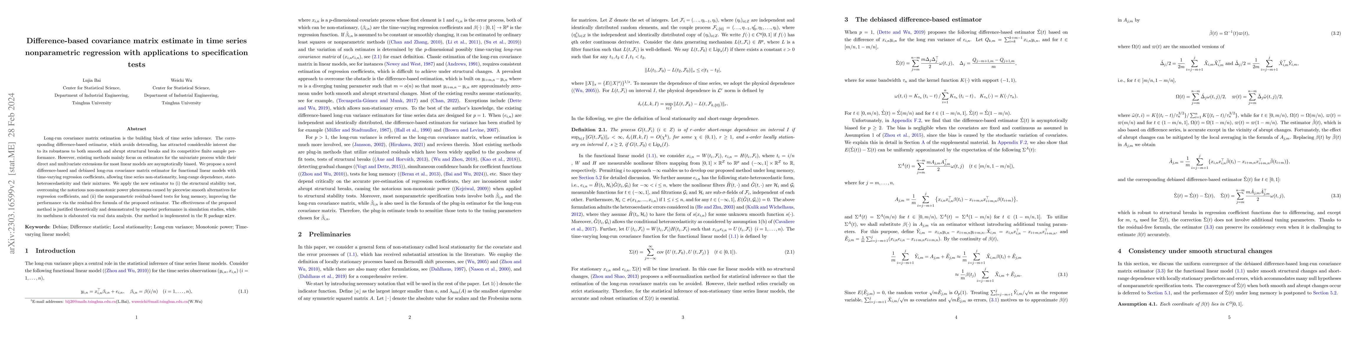 Thumbnail for Difference-based covariance matrix estimate in time series nonparametric
  regression with applications to specification tests