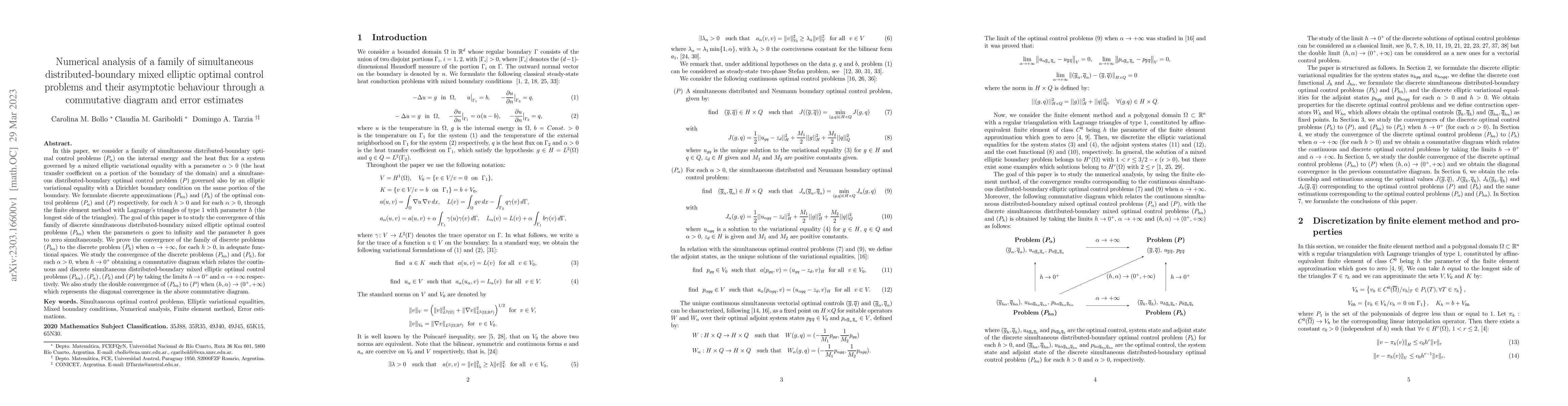 Thumbnail for Numerical analysis of a family of simultaneous distributed-boundary
  mixed elliptic optimal control problems and their asymptotic behaviour
  through a commutative diagram and error estimates