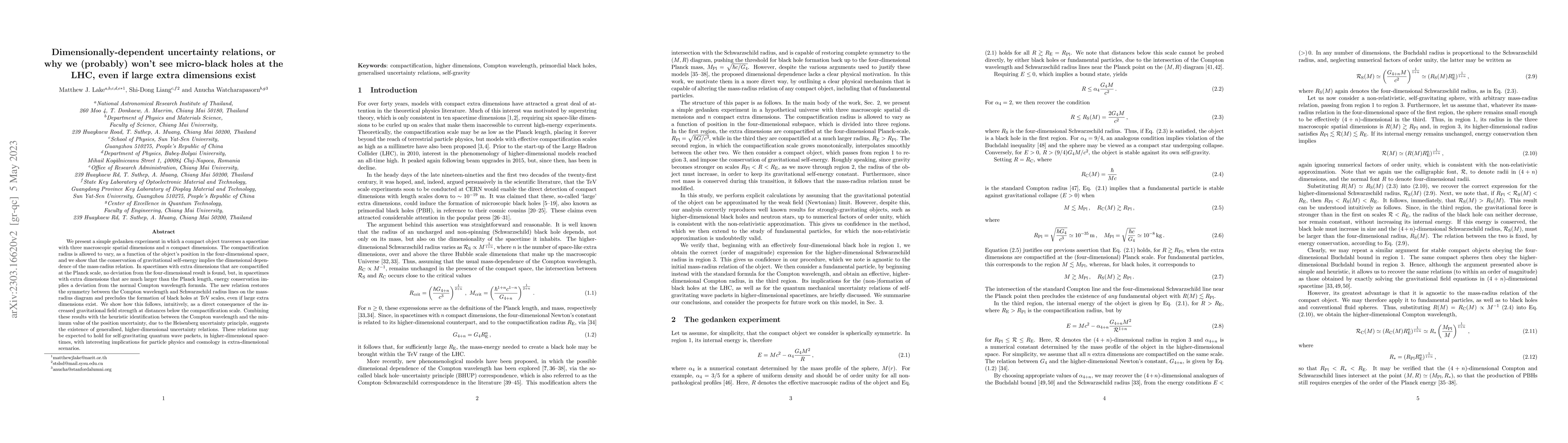 Thumbnail for Dimensionally-dependent uncertainty relations, or why we (probably)
  won't see micro-black holes at the LHC, even if large extra dimensions exist