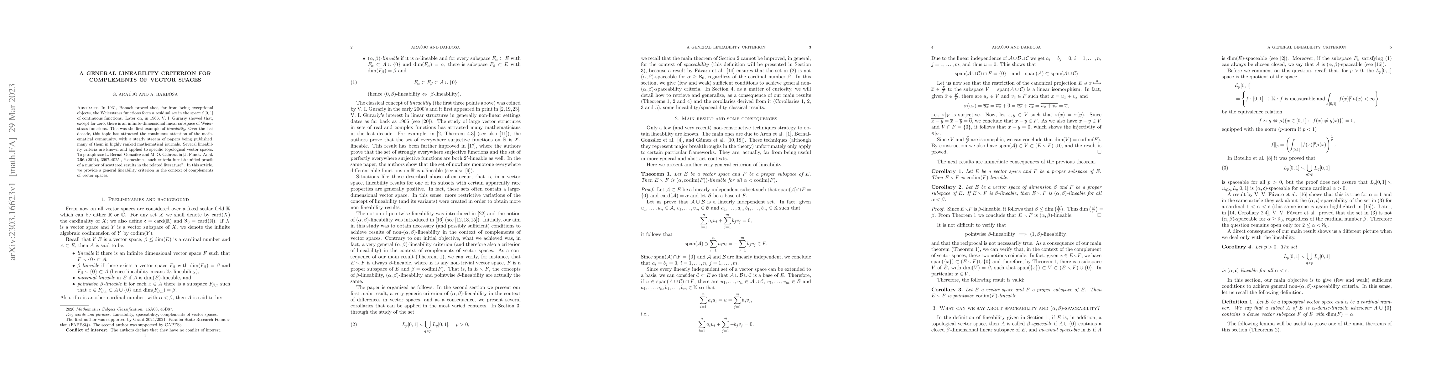 Thumbnail for A general lineability criterion for complements of vector spaces