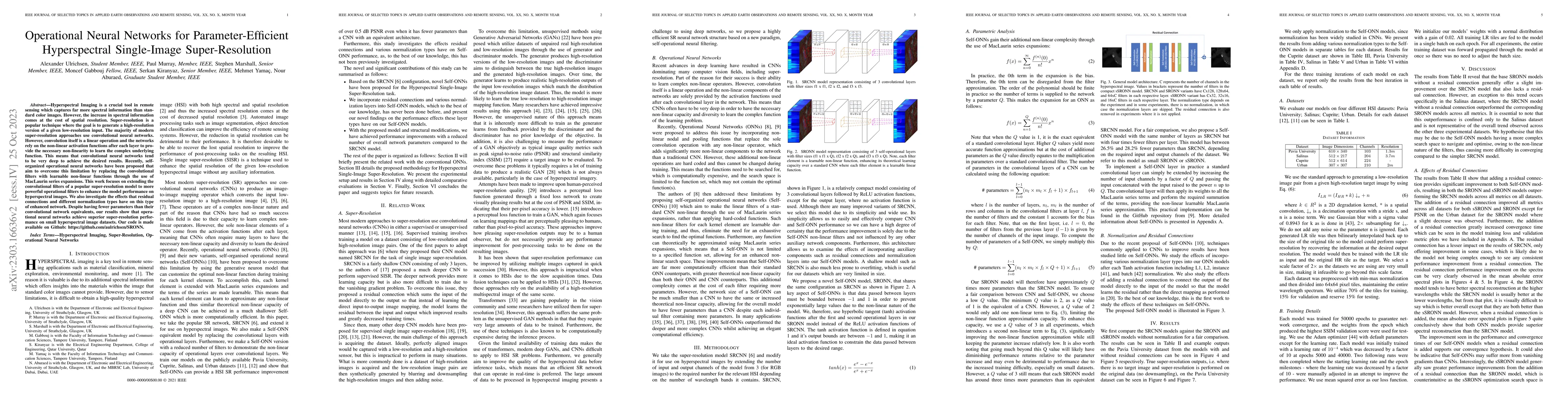 Thumbnail for Operational Neural Networks for Parameter-Efficient Hyperspectral
  Single-Image Super-Resolution