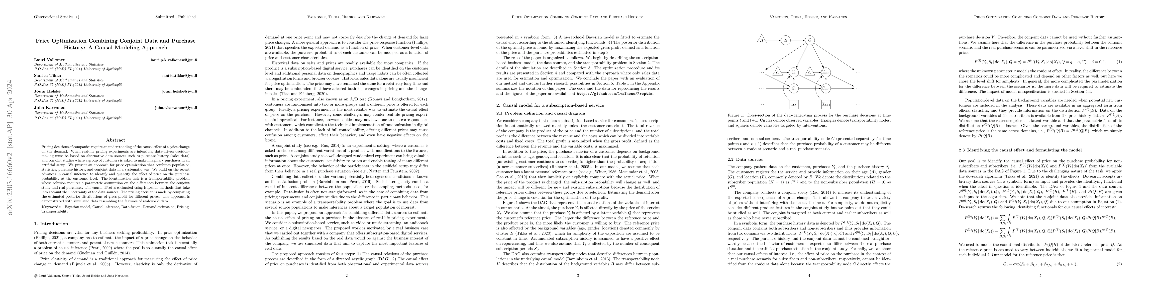 Thumbnail for Price Optimization Combining Conjoint Data and Purchase History: A
  Causal Modeling Approach