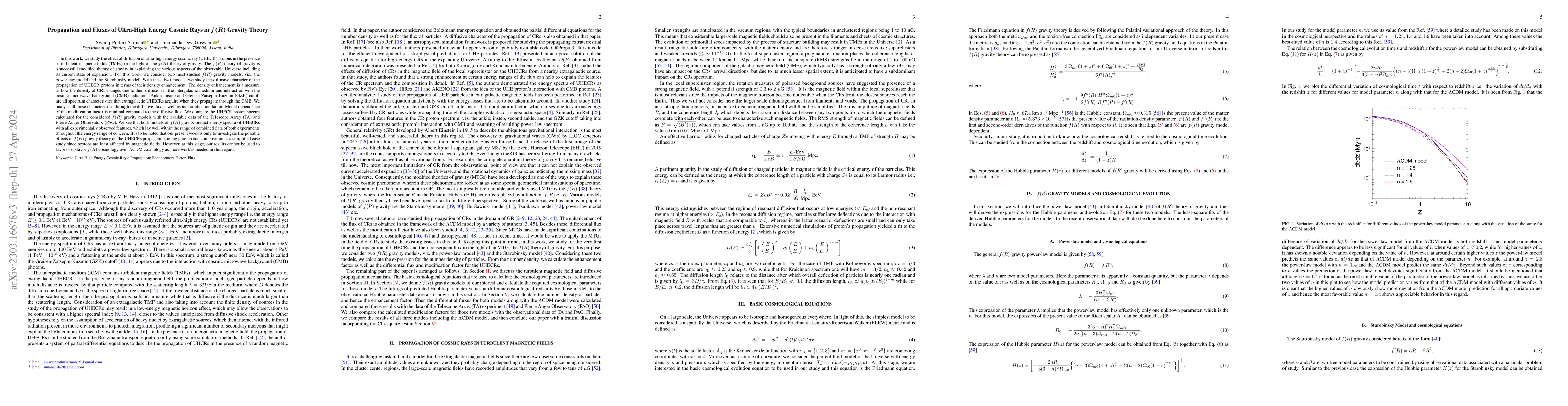 Thumbnail for Propagation and Fluxes of Ultra High Energy Cosmic Rays in f(R) Gravity
  Theory