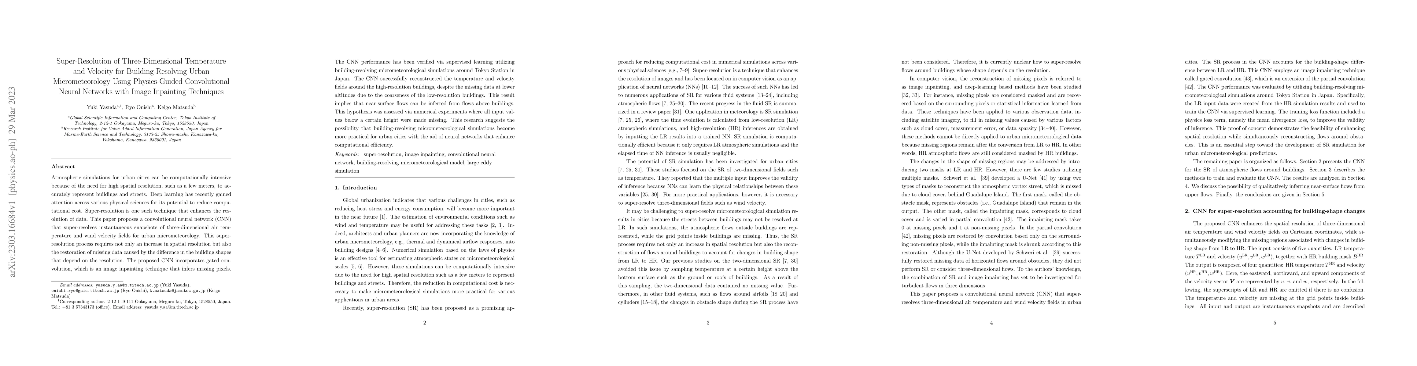 Thumbnail for Super-Resolution of Three-Dimensional Temperature and Velocity for
  Building-Resolving Urban Micrometeorology Using Physics-Guided Convolutional
  Neural Networks with Image Inpainting Techniques