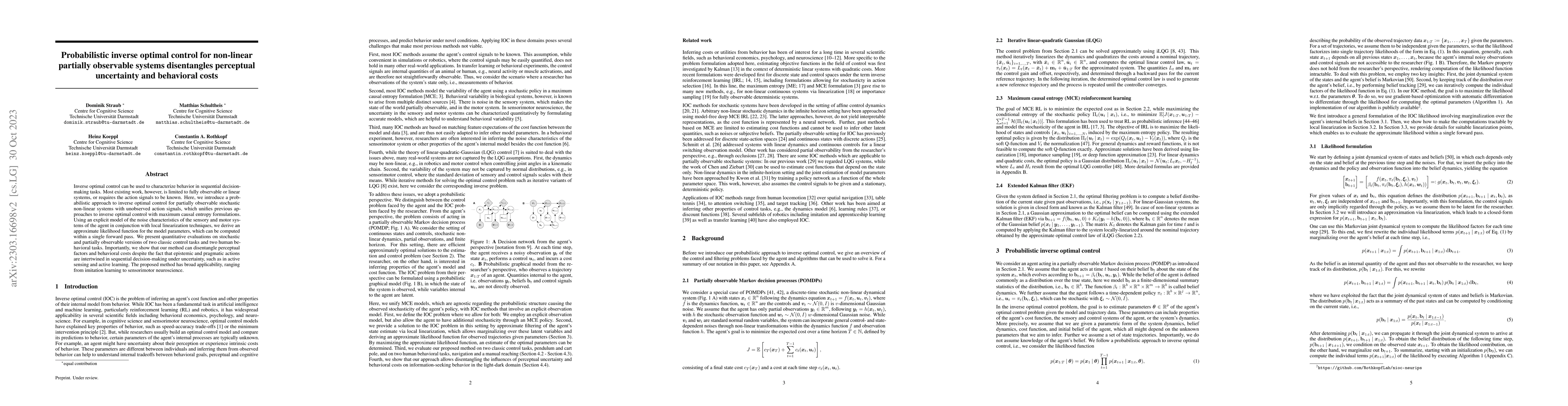 Thumbnail for Probabilistic inverse optimal control for non-linear partially
  observable systems disentangles perceptual uncertainty and behavioral costs