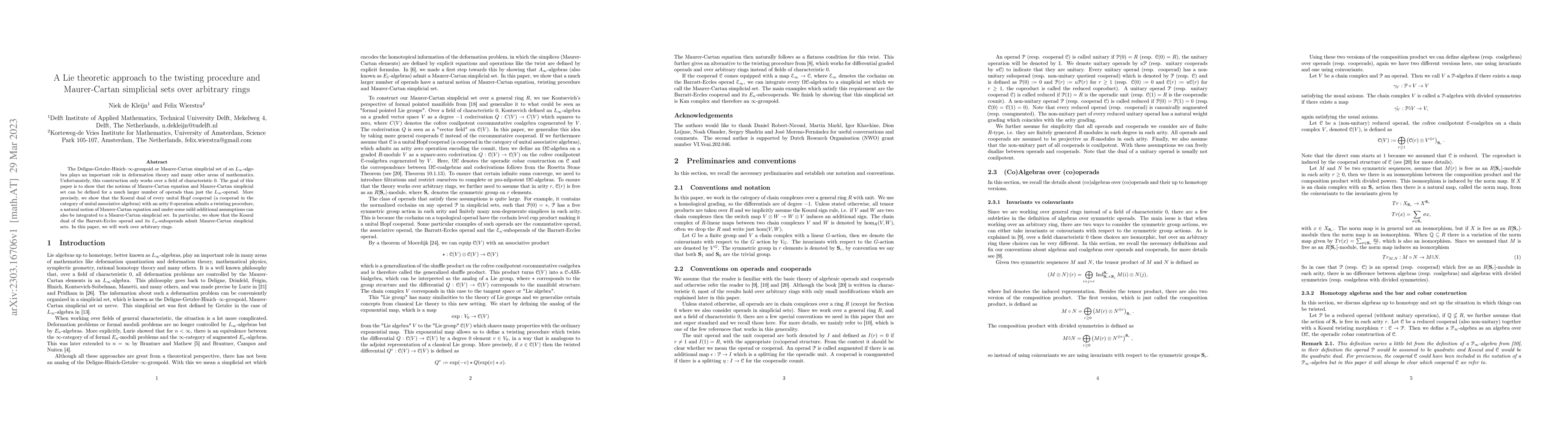 Thumbnail for A Lie theoretic approach to the twisting procedure and Maurer-Cartan
  simplicial sets over arbitrary rings