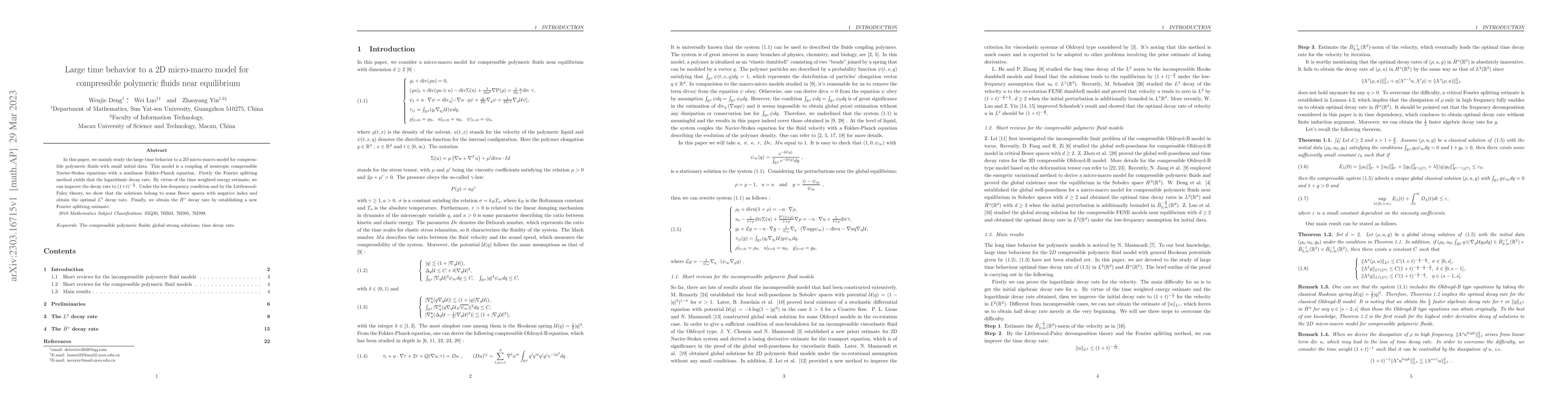 Thumbnail for Large time behavior to a 2D micro-macro model for compressible polymeric
  fluids near equilibrium