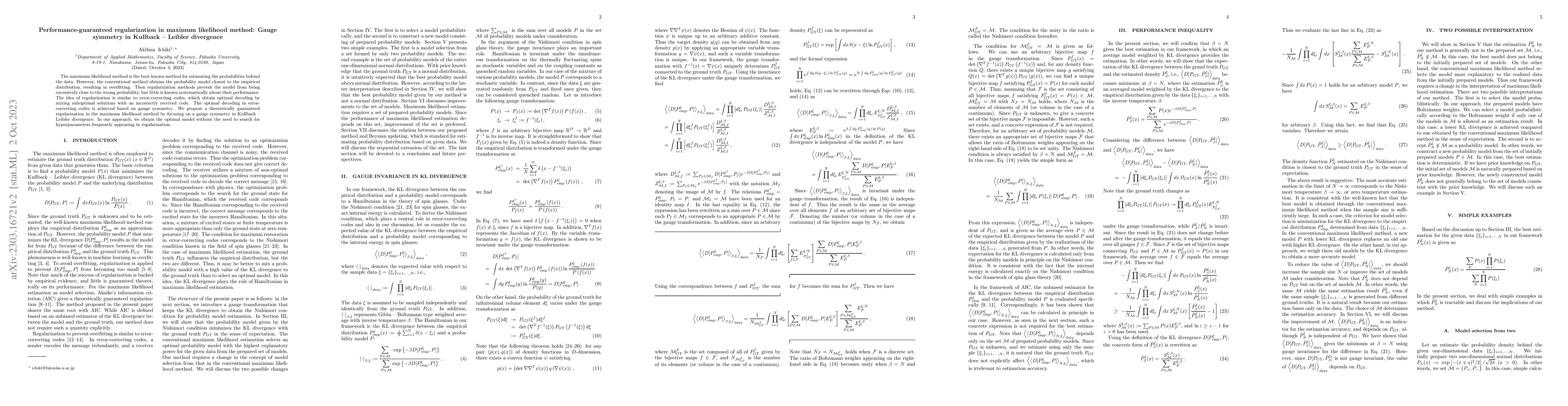 Thumbnail for Performance-guaranteed regularization in maximum likelihood method:
  Gauge symmetry in Kullback -- Leibler divergence