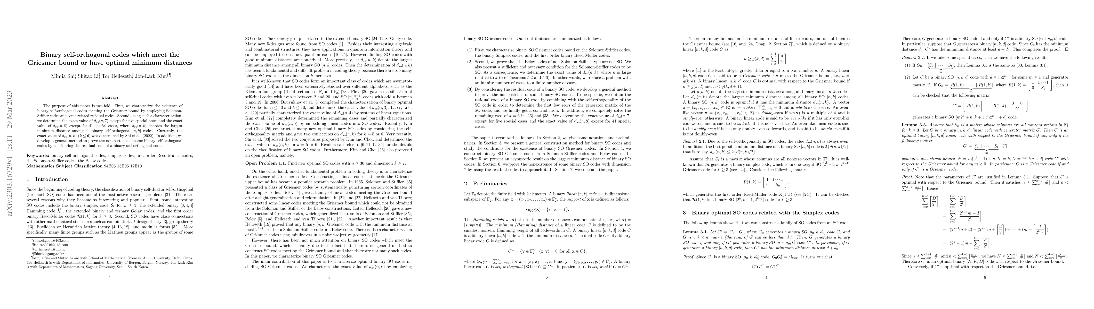Thumbnail for Binary self-orthogonal codes which meet the Griesmer bound or have
  optimal minimum distances
