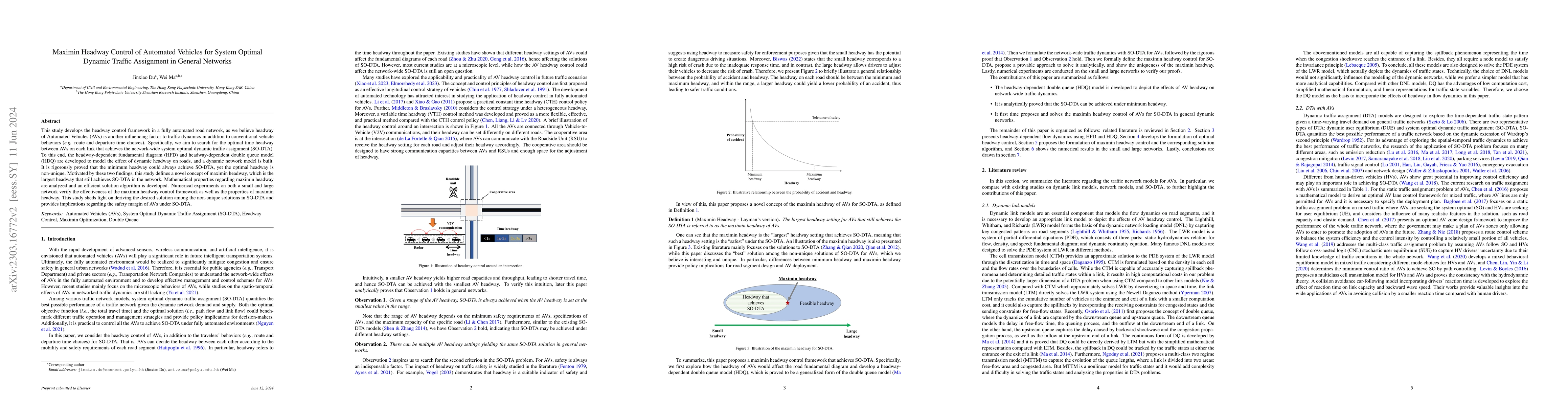 Thumbnail for Maximin Headway Control of Automated Vehicles for System Optimal Dynamic
  Traffic Assignment in General Networks