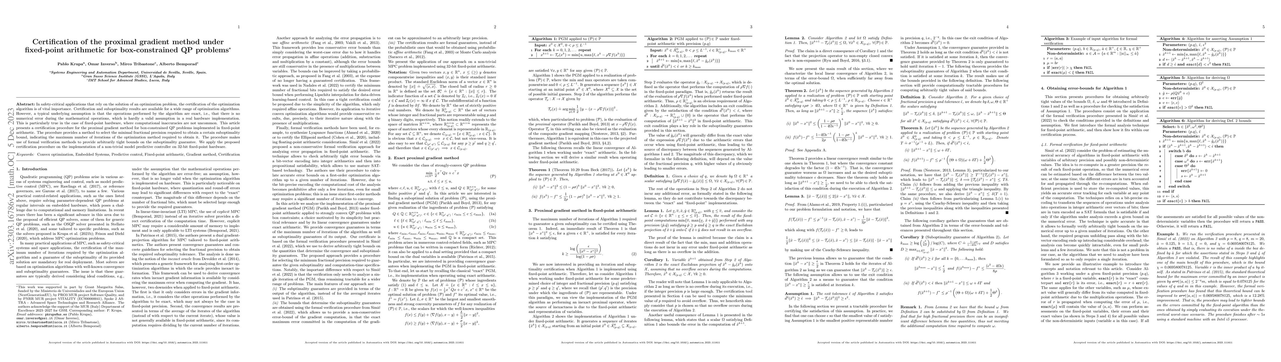 Thumbnail for Certification of the proximal gradient method under fixed-point
  arithmetic for box-constrained QP problems