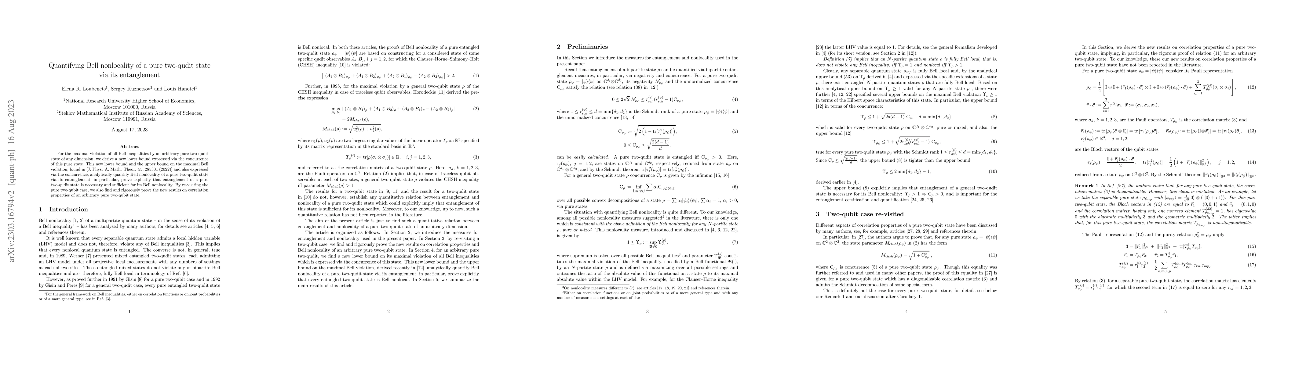 Thumbnail for Quantifying Bell nonlocality of a pure two-qudit state via its
  entanglement