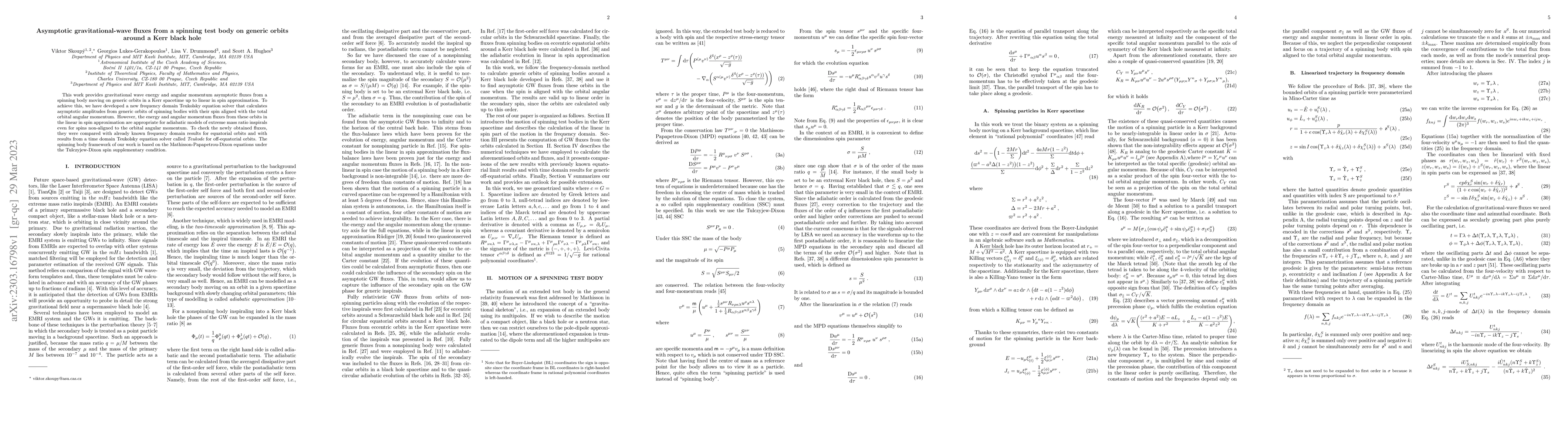 Thumbnail for Asymptotic gravitational-wave fluxes from a spinning test body on
  generic orbits around a Kerr black hole