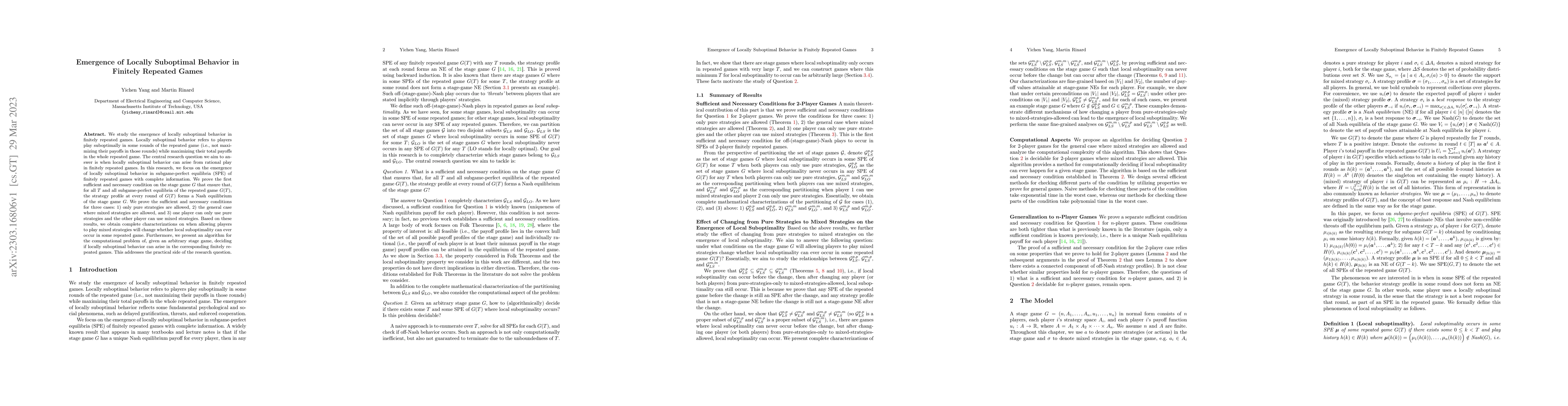 Thumbnail for Emergence of Locally Suboptimal Behavior in Finitely Repeated Games
