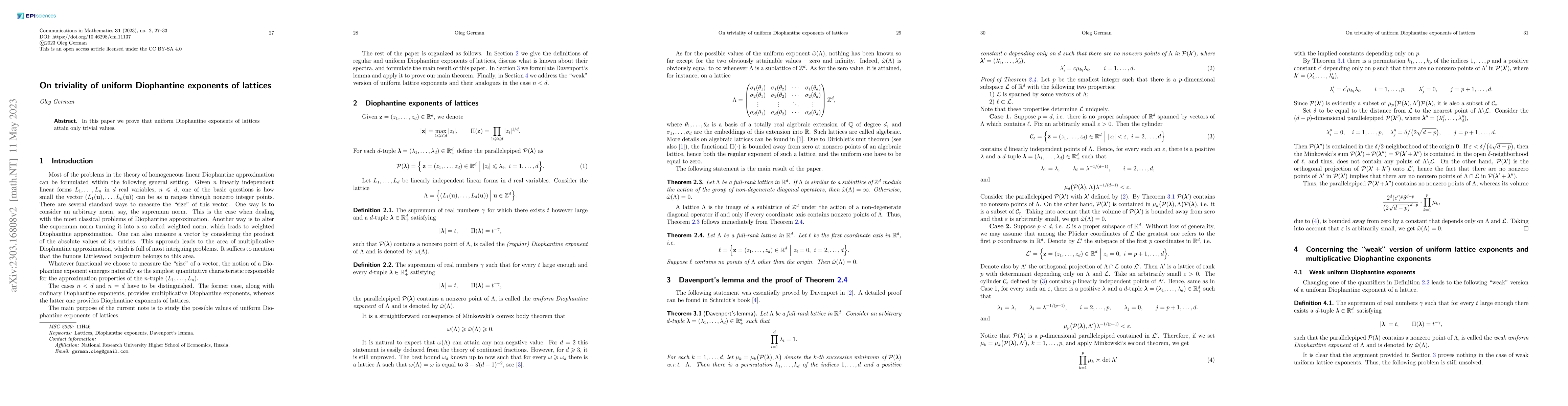 Thumbnail for On triviality of uniform Diophantine exponents of lattices