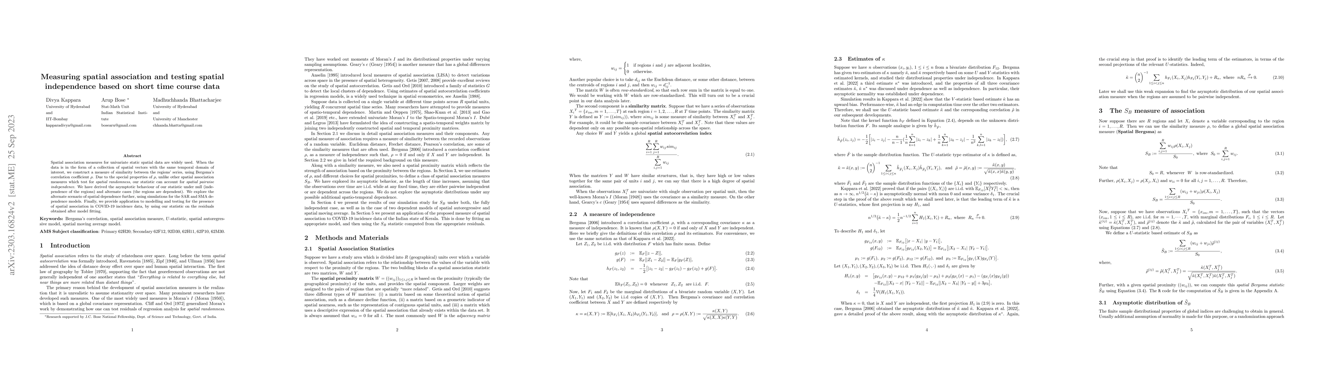 Thumbnail for Measuring spatial association and testing spatial independence based on
  short time course data
