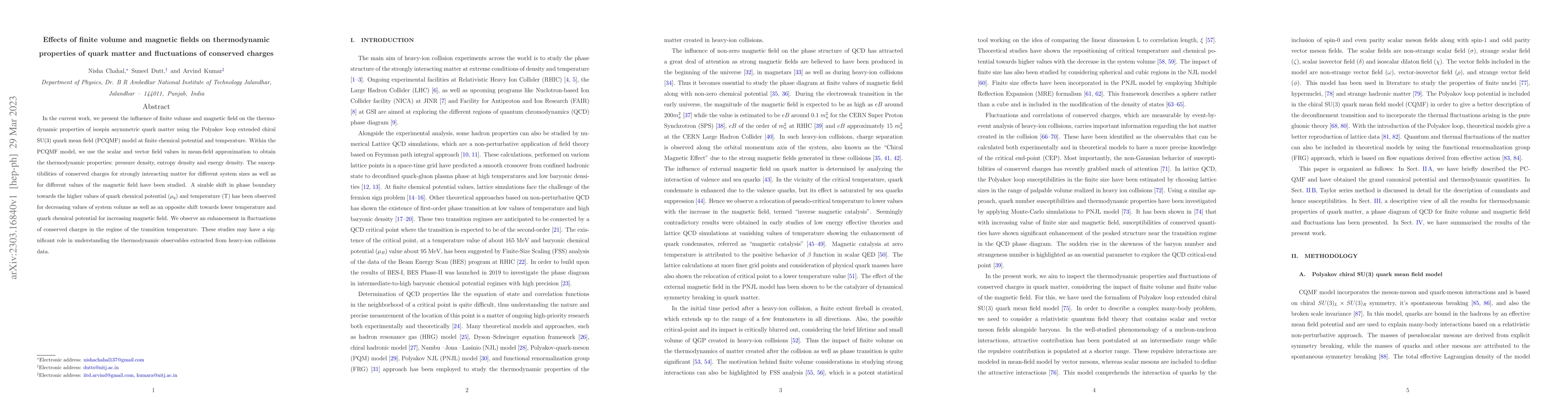 Thumbnail for Effects of finite volume and magnetic fields on thermodynamic properties
  of quark matter and fluctuations of conserved charges