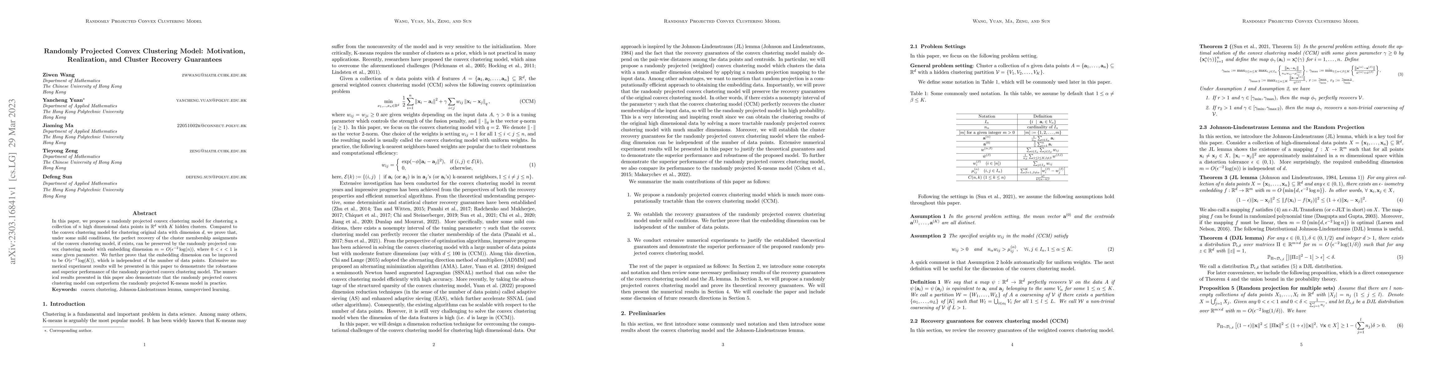 Thumbnail for Randomly Projected Convex Clustering Model: Motivation, Realization, and
  Cluster Recovery Guarantees