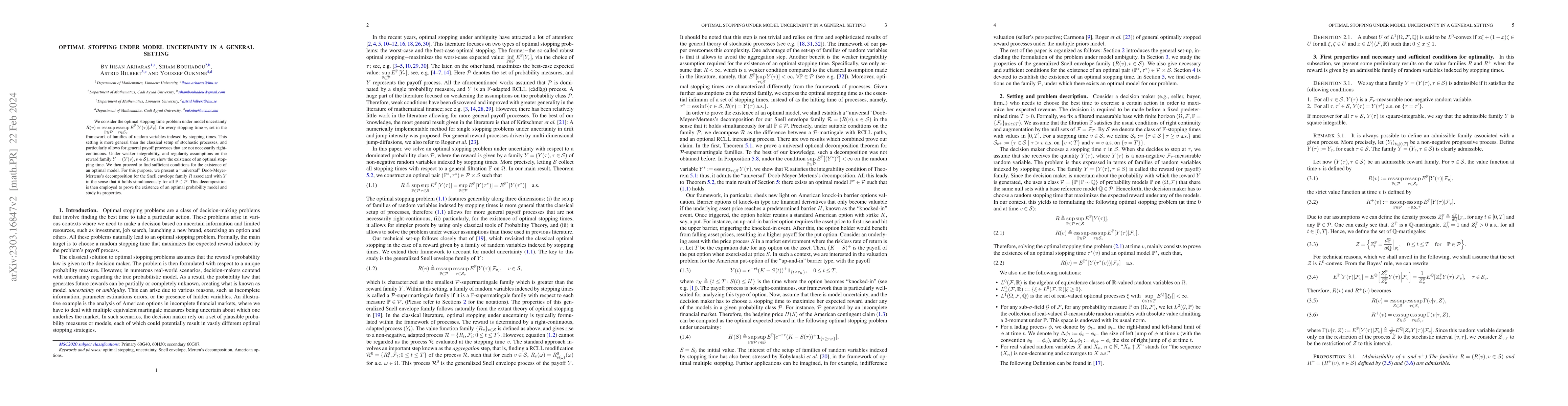 Thumbnail for Optimal Stopping Under Model Uncertainty in a General Setting
