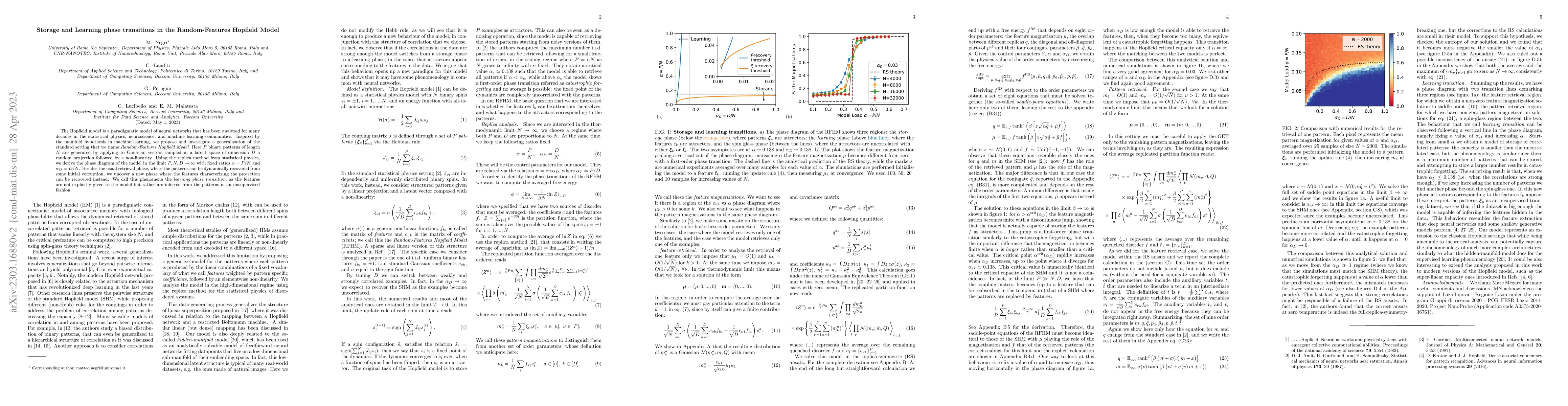 Thumbnail for Storage and Learning phase transitions in the Random-Features Hopfield
  Model