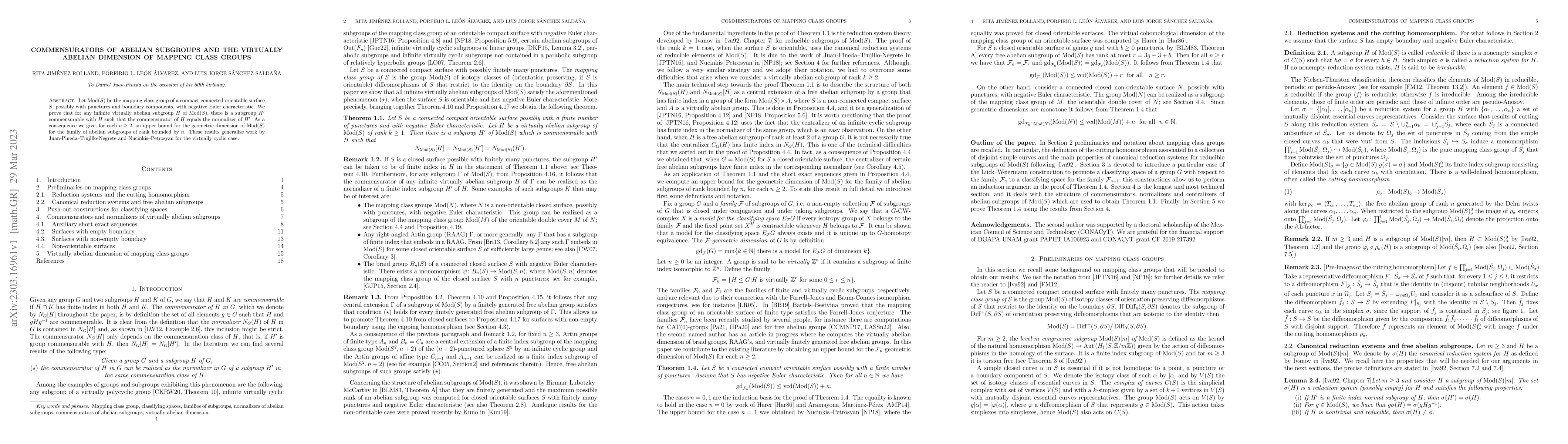 Thumbnail for Commensurators of abelian subgroups and the virtually abelian dimension
  of mapping class groups